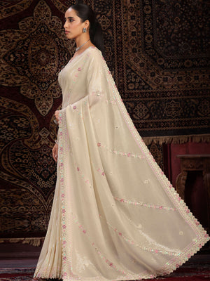 Rajwada Off white Embellished Georgette Saree With unstitched Blouse For Women