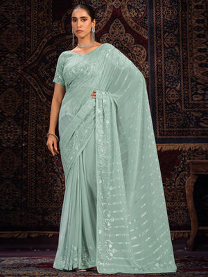 Rajwada Sea green Embellished Georgette Saree With unstitched Blouse For Women