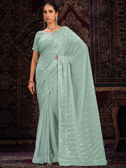 Rajwada Sea green Embellished Georgette Saree With unstitched Blouse For Women