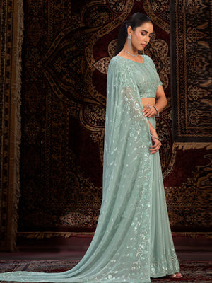 Rajwada Sea green Embellished Georgette Saree With unstitched Blouse For Women