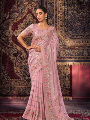 Rajwada Pink Embellished Georgette Saree With unstitched Blouse For Women