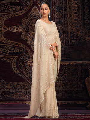 Rajwada Off white Embellished Georgette Saree With unstitched Blouse For Women