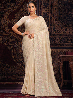 Rajwada Off white Embellished Georgette Saree With unstitched Blouse For Women