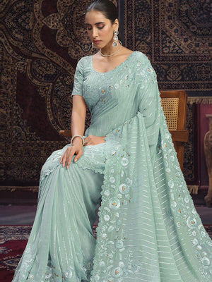 Rajwada Blue Embellished Georgette Saree With unstitched Blouse For Women
