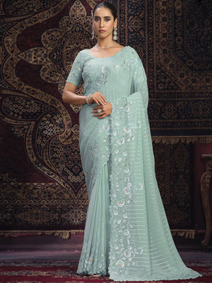 Rajwada Blue Embellished Georgette Saree With unstitched Blouse For Women