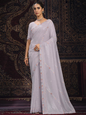 Rajwada Lavender Embellished Georgette Saree With unstitched Blouse For Women