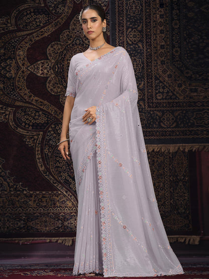 Rajwada Lavender Embellished Georgette Saree With unstitched Blouse For Women