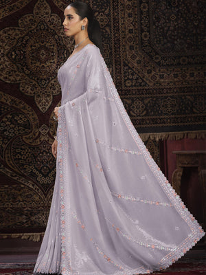 Rajwada Lavender Embellished Georgette Saree With unstitched Blouse For Women