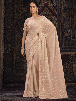 Rajwada Peach Embellished Georgette Saree With unstitched Blouse For Women