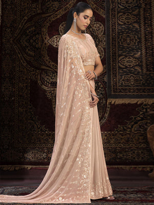 Rajwada Peach Embellished Georgette Saree With unstitched Blouse For Women