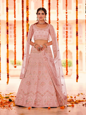 Rajwada Women Pink Embroidered Organza Semi Stitched Lehenga With Unstitched Blouse