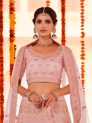 Rajwada Women Pink Embroidered Organza Semi Stitched Lehenga With Unstitched Blouse