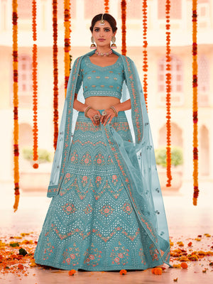 Rajwada Women Light Blue Embroidered Organza Semi Stitched Lehenga With Unstitched Blouse