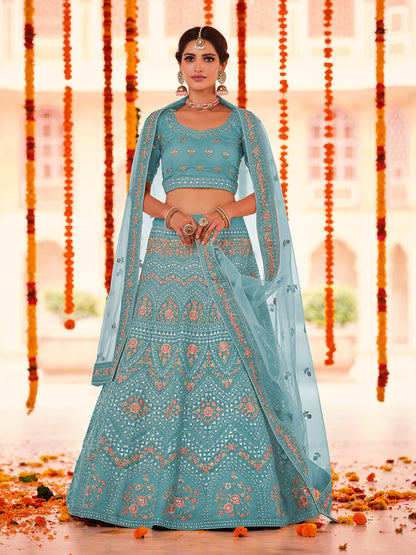 Rajwada Women Light Blue Embroidered Organza Semi Stitched Lehenga With Unstitched Blouse
