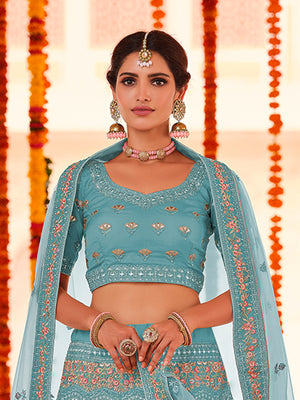 Rajwada Women Light Blue Embroidered Organza Semi Stitched Lehenga With Unstitched Blouse