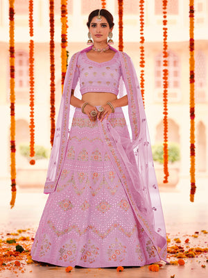Rajwada Women Purple Embroidered Organza Semi Stitched Lehenga With Unstitched Blouse
