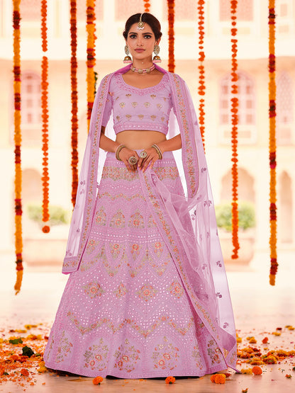 Rajwada Women Purple Embroidered Organza Semi Stitched Lehenga With Unstitched Blouse