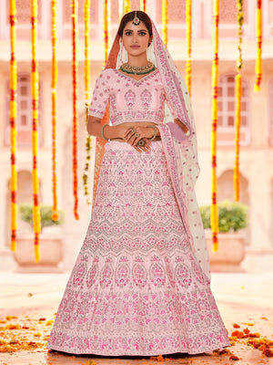 Rajwada Women Pink Crepe Semi Stitched Lehenga With Unstitched Blouse