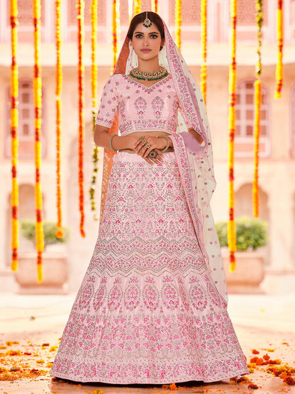 Rajwada Women Pink Crepe Semi Stitched Lehenga With Unstitched Blouse