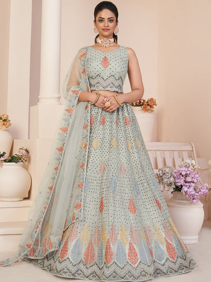 Rajwada Women Grey Net Embroidered Semi Stitched Lehenga With Unstitched Blouse
