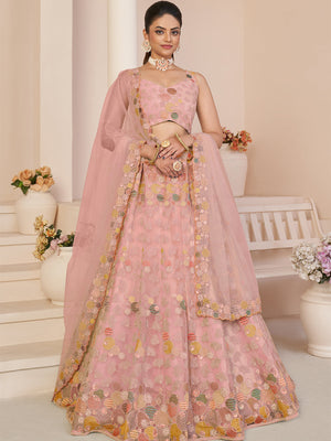 Rajwada Women Pink Net Embroidered Semi Stitched Lehenga With Unstitched Blouse