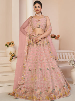 Rajwada Women Pink Net Embroidered Semi Stitched Lehenga With Unstitched Blouse