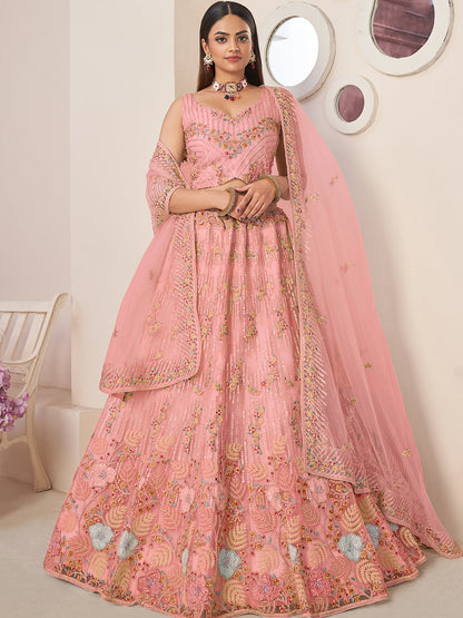 Rajwada Women Pink Net Embroidered Semi Stitched Lehenga With Unstitched Blouse