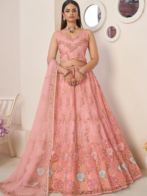 Rajwada Women Pink Net Embroidered Semi Stitched Lehenga With Unstitched Blouse