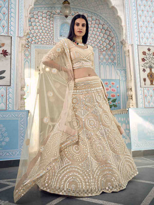 Rajwada Women Beige Stunning Semi Stitched Lehenga With Unstitched Blouse