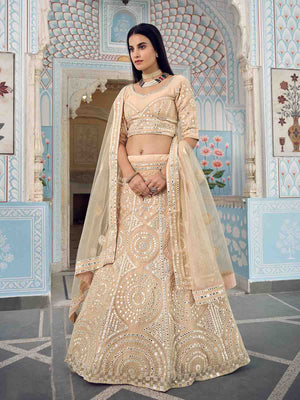 Rajwada Women Beige Stunning Semi Stitched Lehenga With Unstitched Blouse