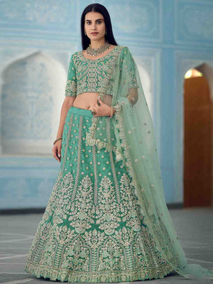 Rajwada Women Green Sequins Sassy Semi Stitched Lehenga With Unstitched Blouse