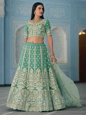 Rajwada Women Green Sequins Sassy Semi Stitched Lehenga With Unstitched Blouse