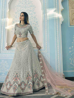 Rajwada Women Grey Designer Semi Stitched Lehenga With Unstitched Blouse