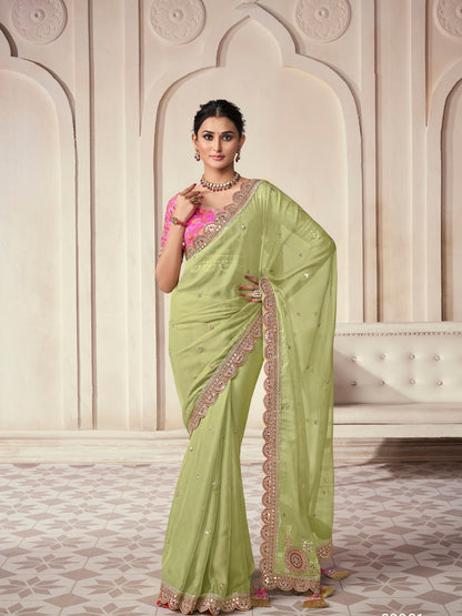 Rajwada Light Green Organza Embroidered Saree With Unstitched Blouse For Women