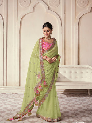 Rajwada Light Green Organza Embroidered Saree With Unstitched Blouse For Women
