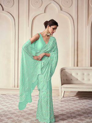 Rajwada Sea Green Georgette Embroidered Saree With Unstitched Blouse For Women