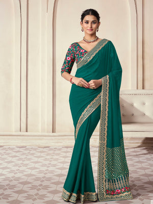 Rajwada Dark Green Organza Embroidered Saree With Unstitched Blouse For Women