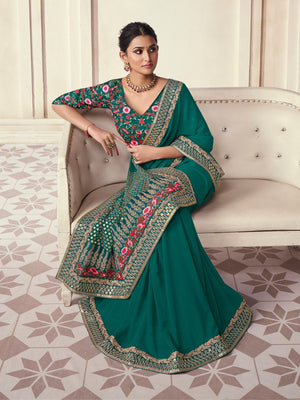 Rajwada Dark Green Organza Embroidered Saree With Unstitched Blouse For Women