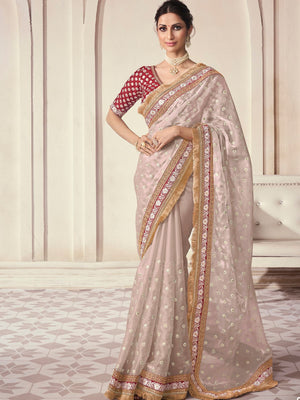 Rajwada Beige Organza Embroidered Saree With Unstitched Blouse For Women