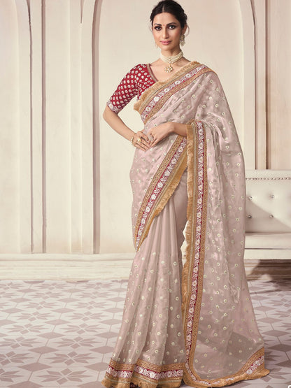Rajwada Beige Organza Embroidered Saree With Unstitched Blouse For Women