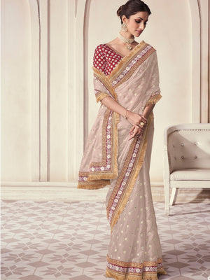 Rajwada Beige Organza Embroidered Saree With Unstitched Blouse For Women