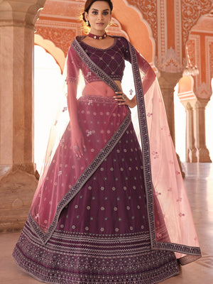 Rajwada Purple Embroidered Crepe Semi Stitched Lehenga With Blouse For Women