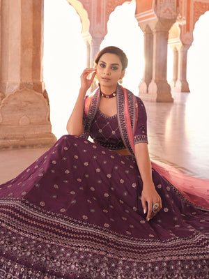 Rajwada Purple Embroidered Crepe Semi Stitched Lehenga With Blouse For Women