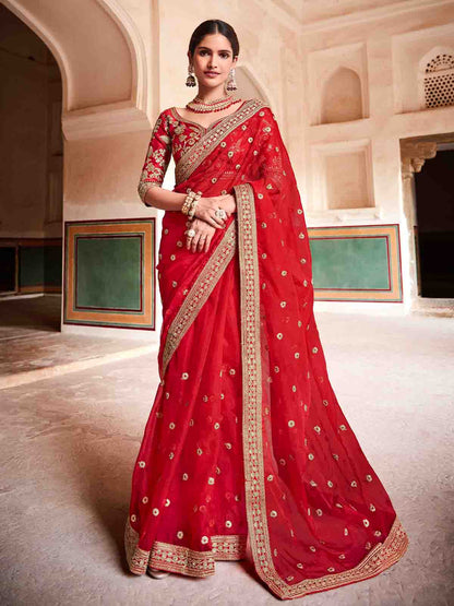 Rajwada Women Red Organza Embroidered Saree With Unstitched Blouse