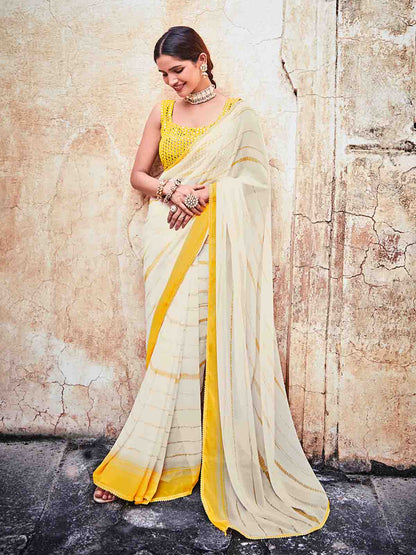 Rajwada Women White Georgette Embroidered Saree With Unstitched Blouse