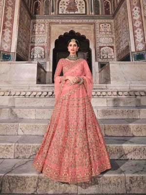 Rajwada Women Pretty Peach Soft Net Semi Stitched Lehenga With Unstitched Blouse