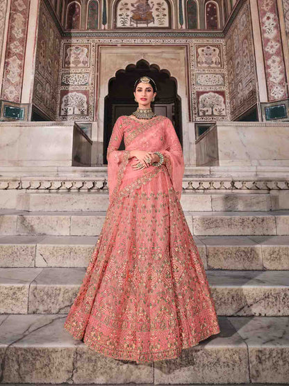 Rajwada Women Pretty Peach Soft Net Semi Stitched Lehenga With Unstitched Blouse