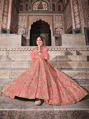 Rajwada Women Pretty Peach Soft Net Semi Stitched Lehenga With Unstitched Blouse