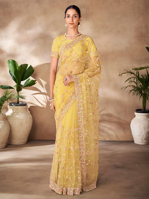 Rajwada Yellow Net Embroidered Saree With Unstitched Blouse For Women