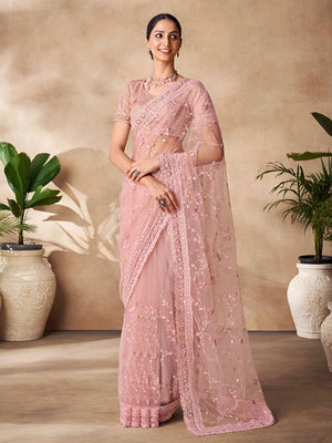 Rajwada Peach Net Embroidered Saree With Unstitched Blouse For Women